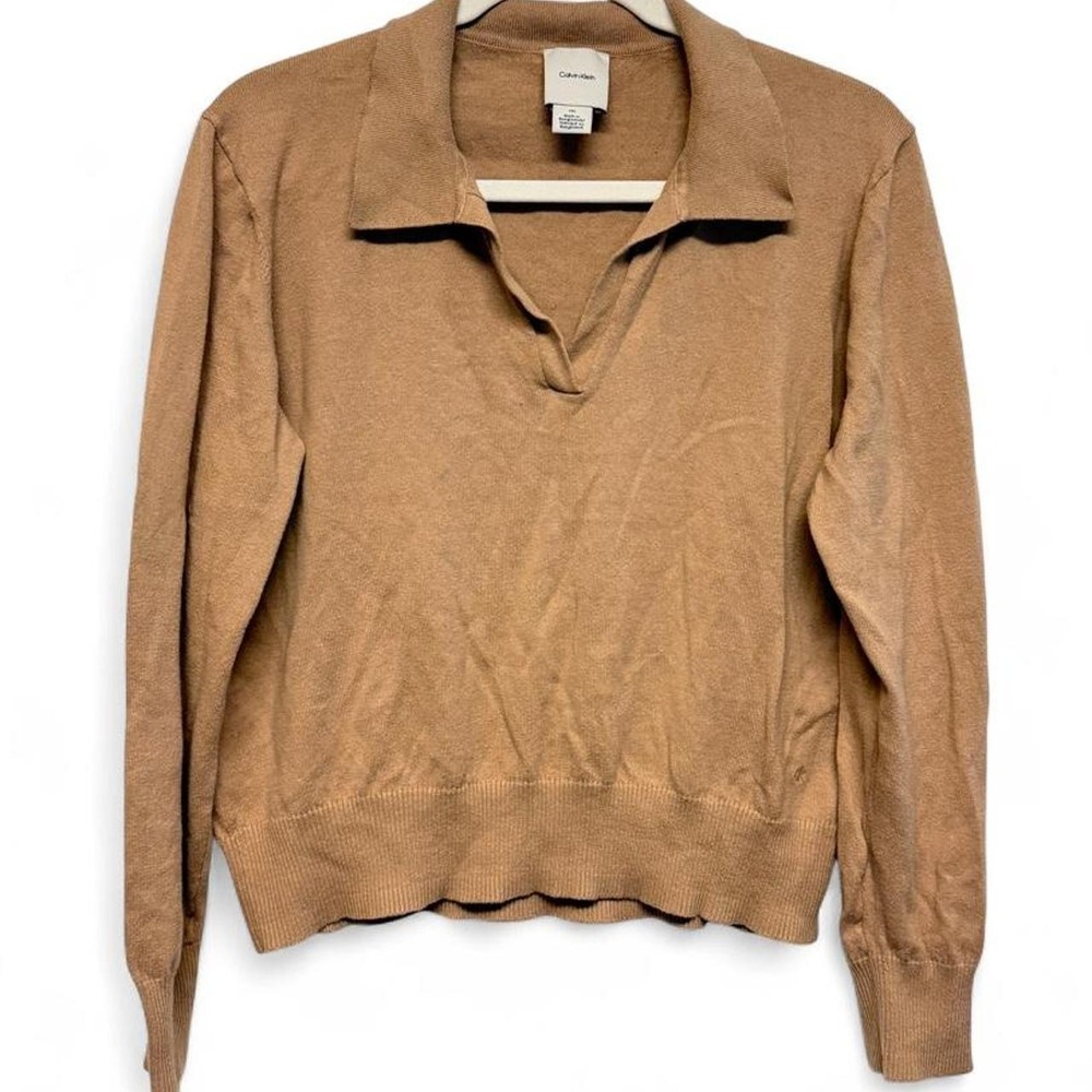 Calvin Klein Womens Camel Tan 100% Cotton Long Sleeve Polo Sweater Large